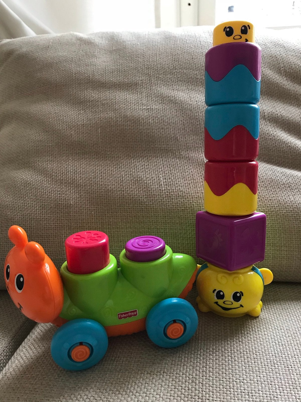 Fisher-Price pop-up blokken rups, met extra blokken, Ophalen of Verzenden, Zo goed als nieuw, Auto of Voertuig
