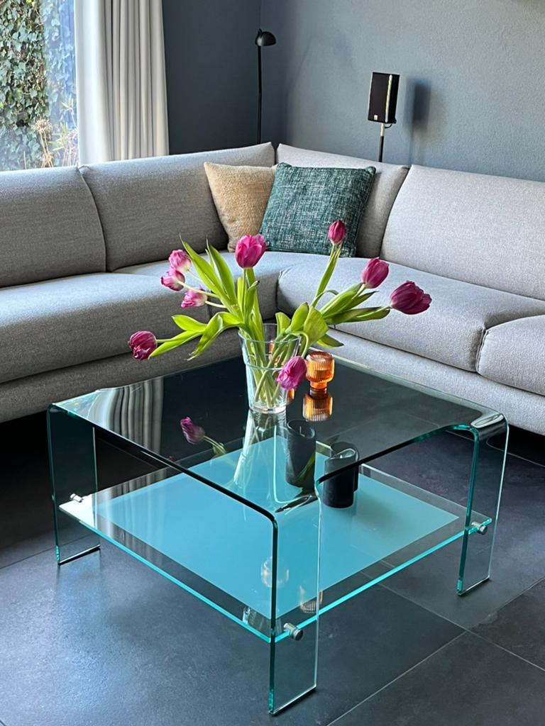Design salontafel van gehard glas, Huis en Inrichting, Ophalen, Gebruikt, 50 tot 100 cm, Vierkant