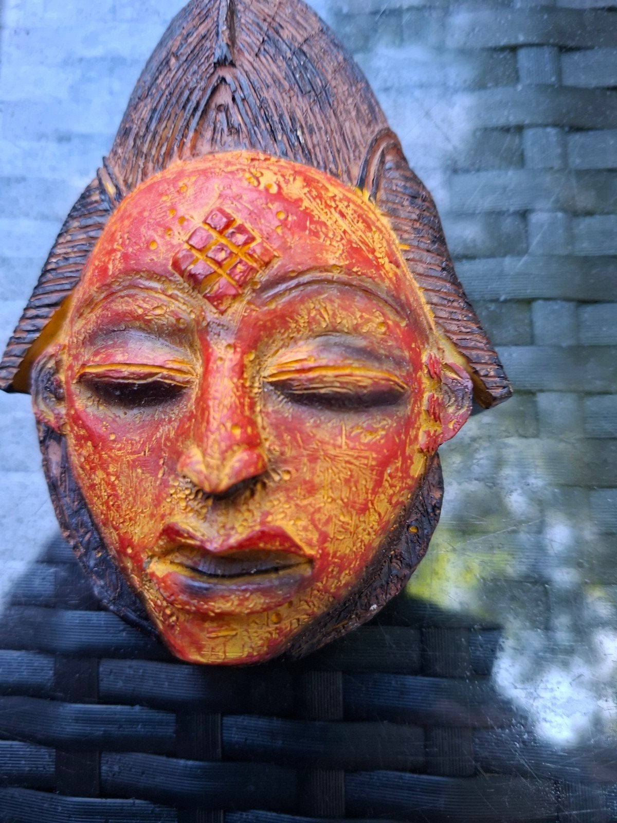 Afrikaans masker, rood en geel, houtsnijwerk, Hout, Handgemaakt, Afrika, Masker