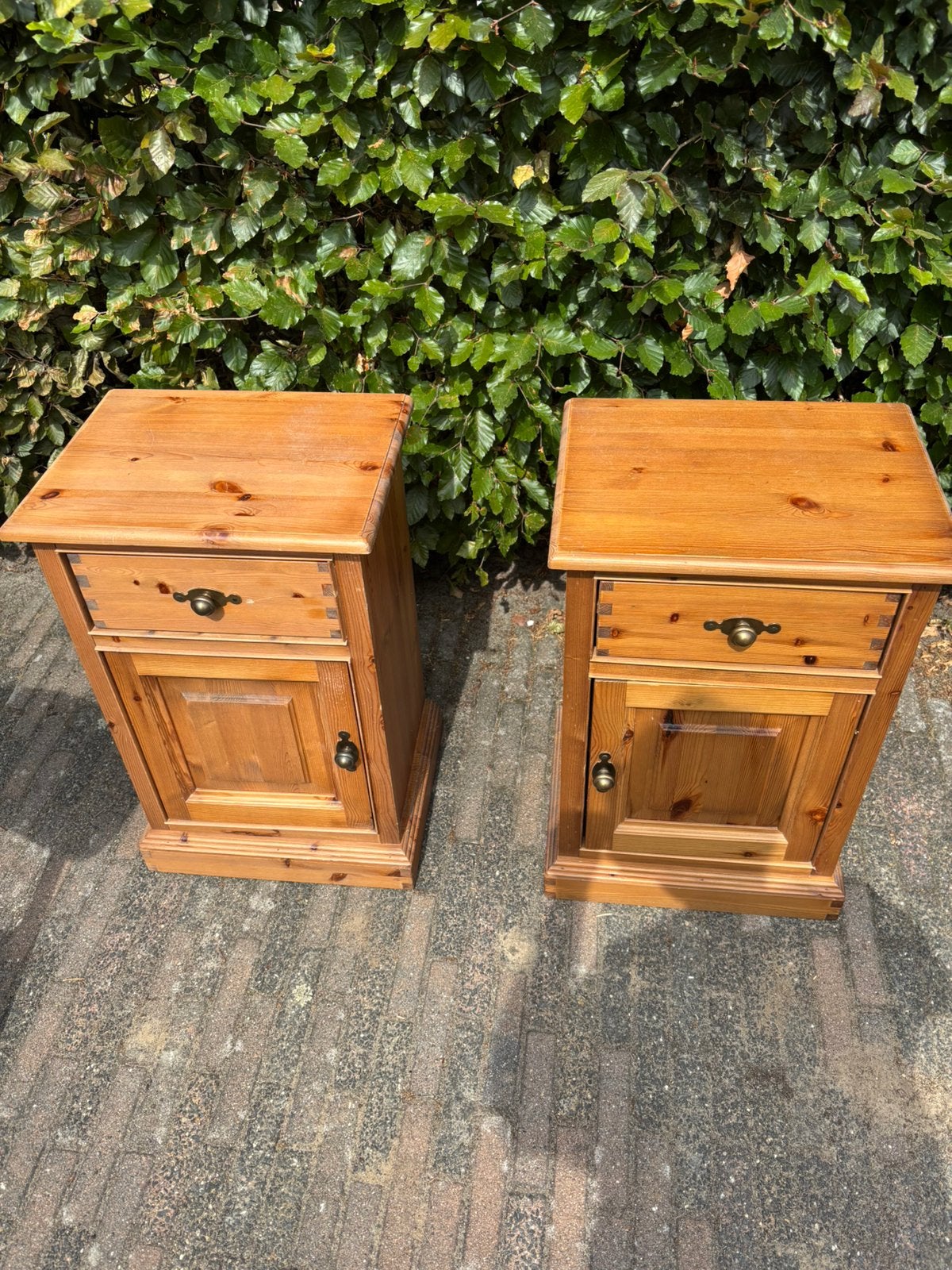 Twee retro grenen nachtkastjes, Ophalen, Gebruikt, ., 65 cm of meer
