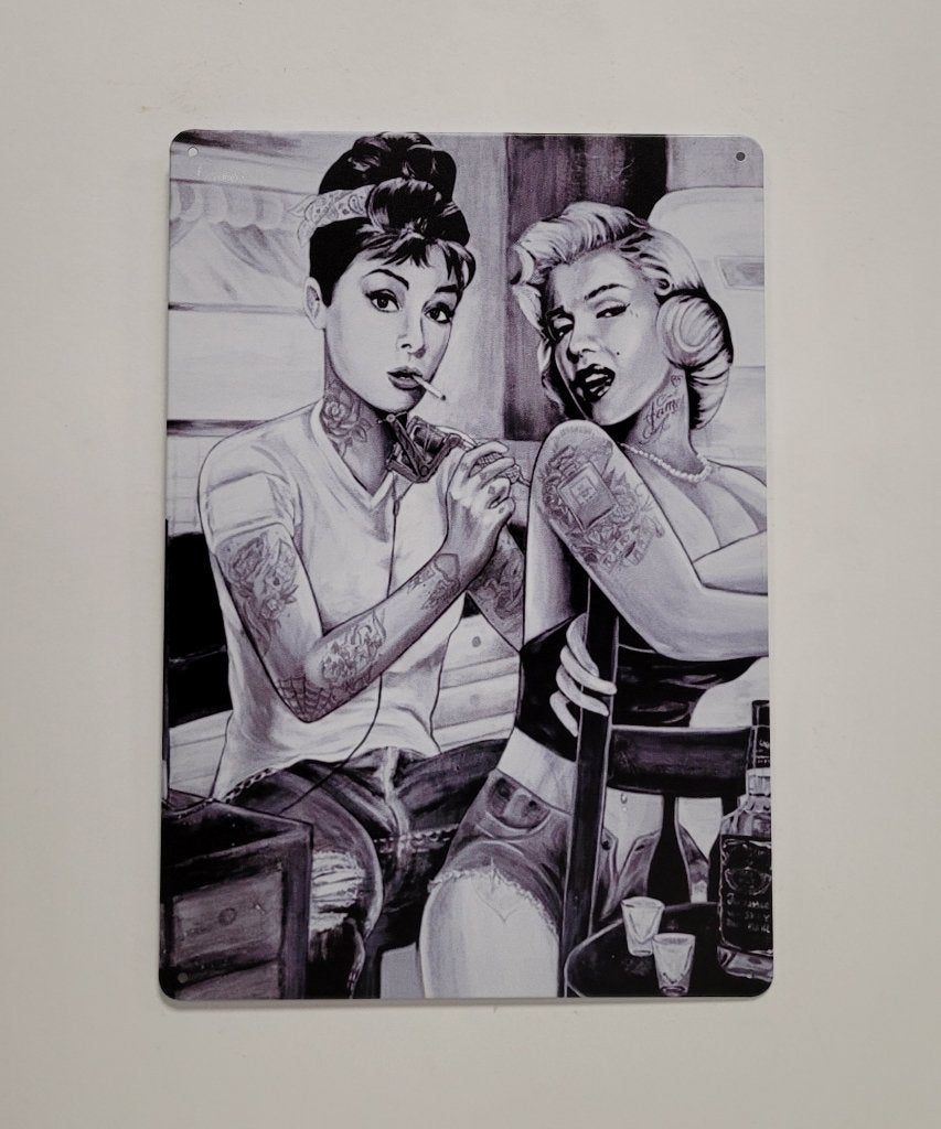Audrey Hepburn Marilyn Monroe tattoo metalen reclamebord, Info@deconoord.nl, Deco Noord, Nieuw, Ophalen of Verzenden