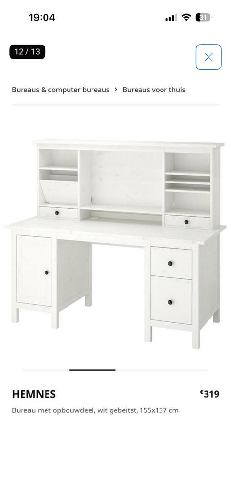 Hemnes houten bureau wit met opzetstuk, Huis en Inrichting, Bureaus, Ophalen of Verzenden, Gebruikt