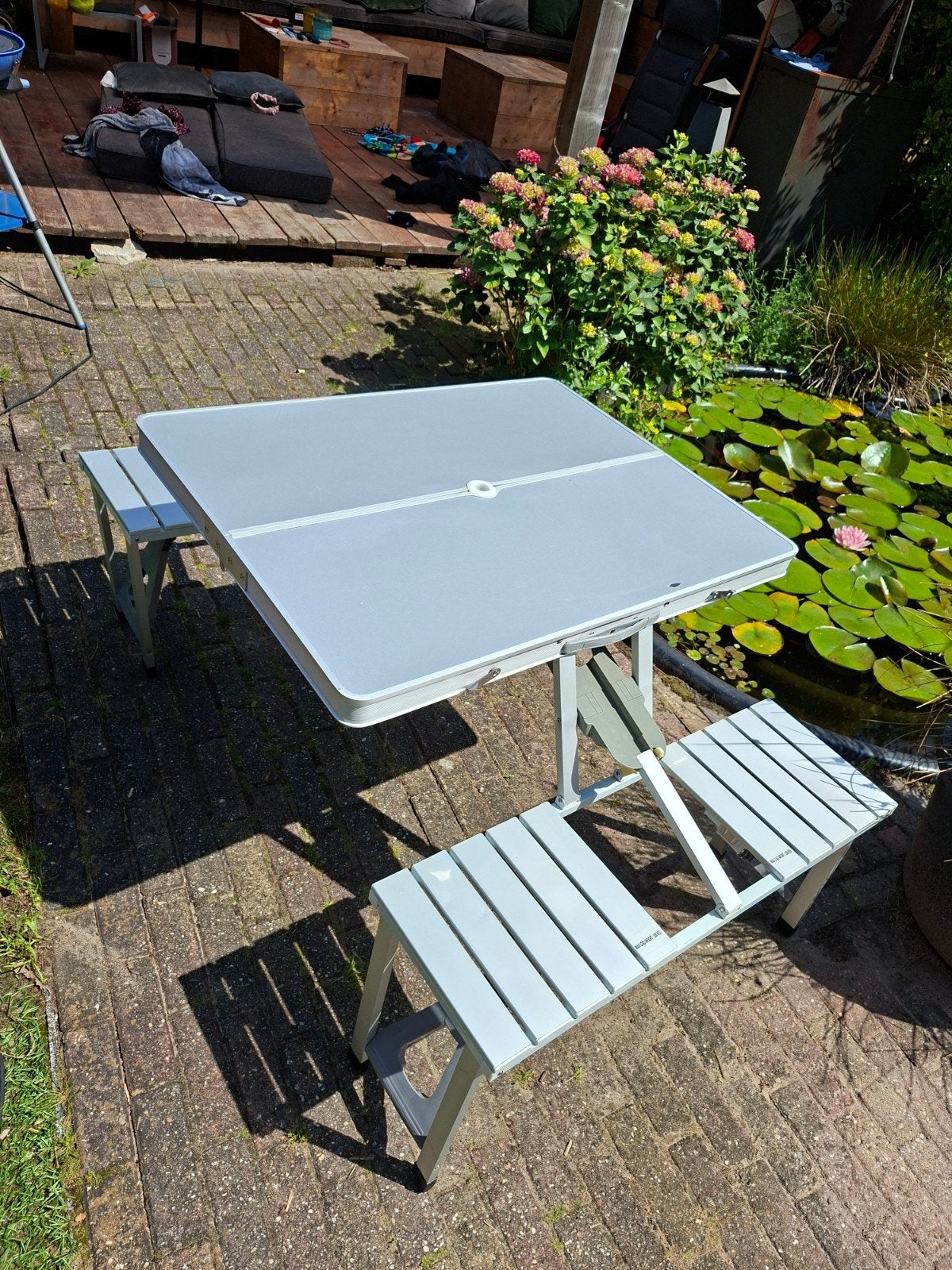 Opvouwbare campingtafel met bankjes, Caravans en Kamperen, Ophalen, Gebruikt, Campingtafel