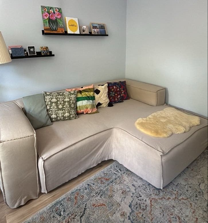 Blok 2-zitsbank met chaise longue - Beige Chenille, Ophalen, Gebruikt, Driepersoons, 200 tot 250 cm