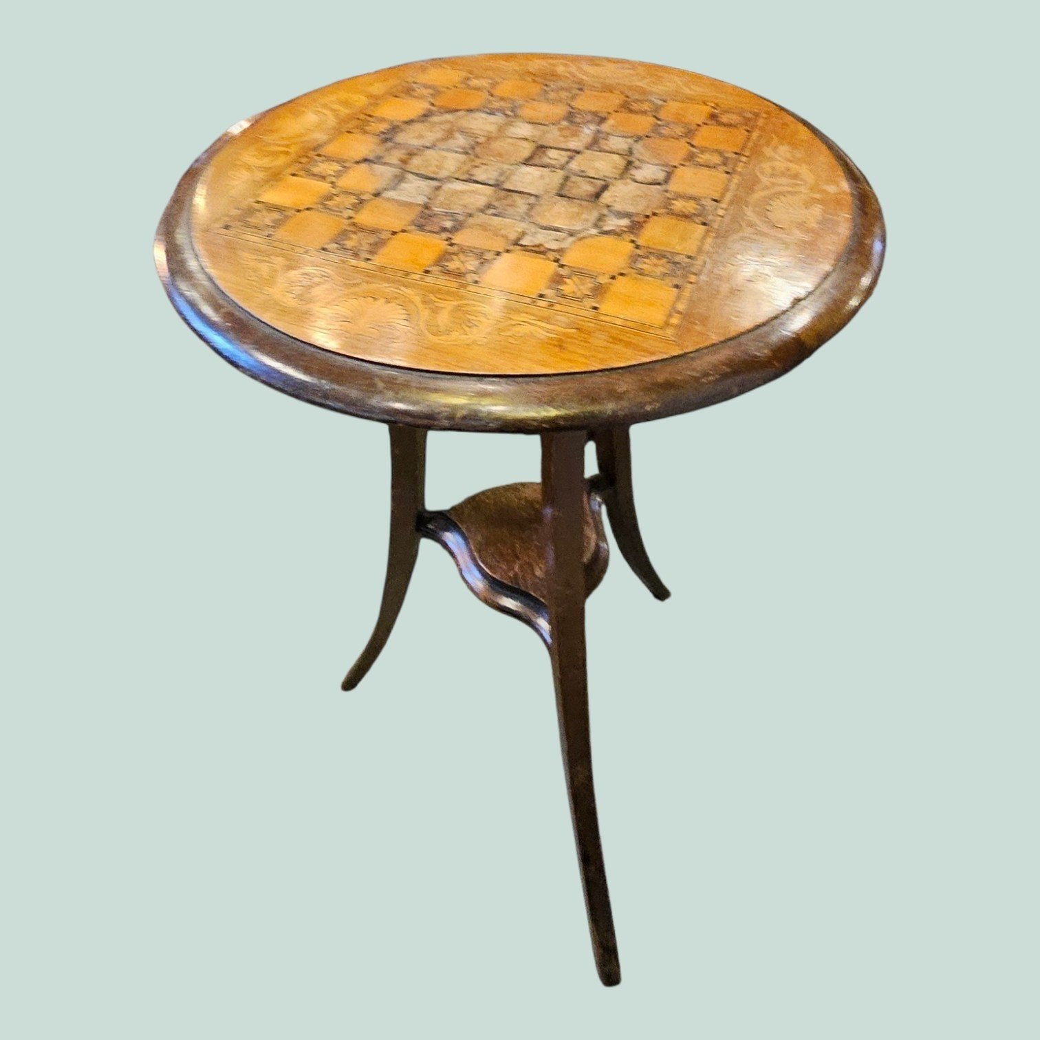 Antieke bijzettafel met schaakbord inlegwerk, Antiek en Kunst, Ophalen