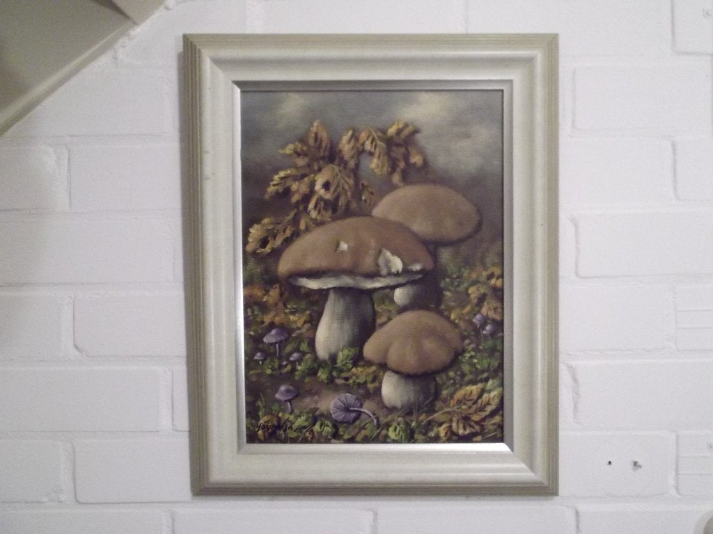 Schilderij Paddenstoelen. Gesigneerd Kees Houtman, Heeze., Olieverf, Klassiek, Overige onderwerpen, Gesigneerd