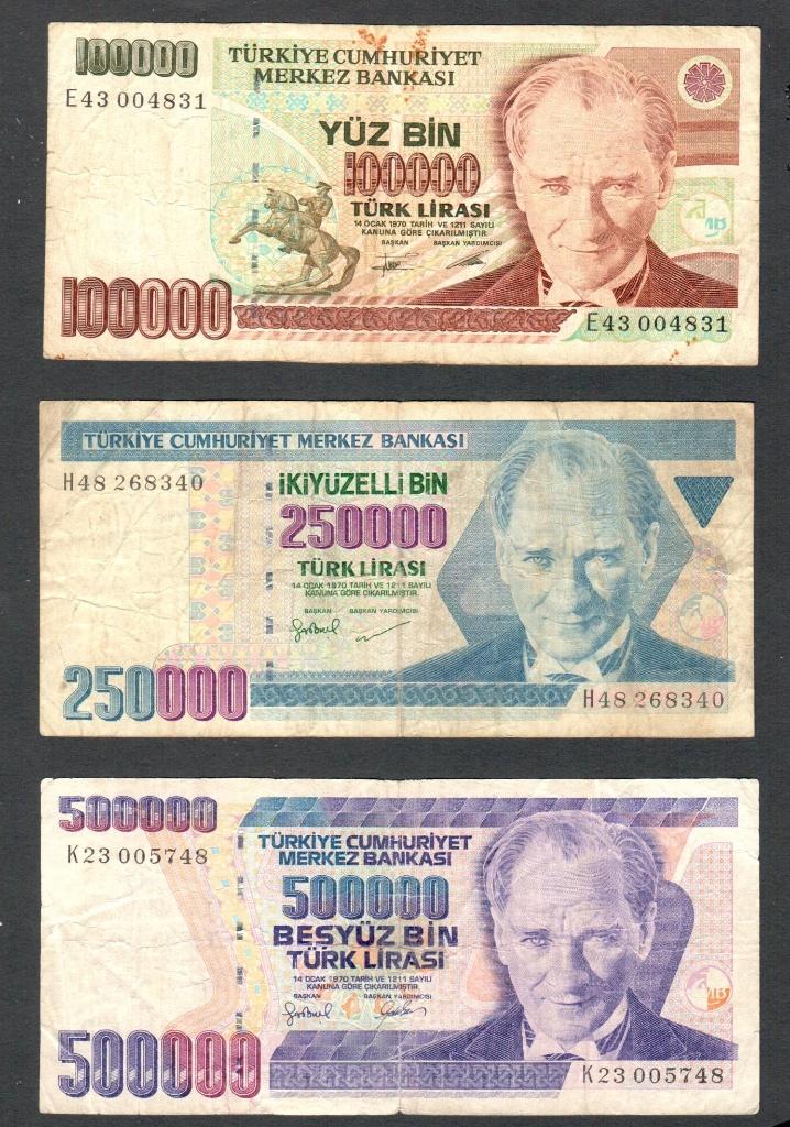 Bankbiljet Turkije 3x biljet 100000  250000 500000 Lira 1970, Ophalen of Verzenden, Overige landen, Setje