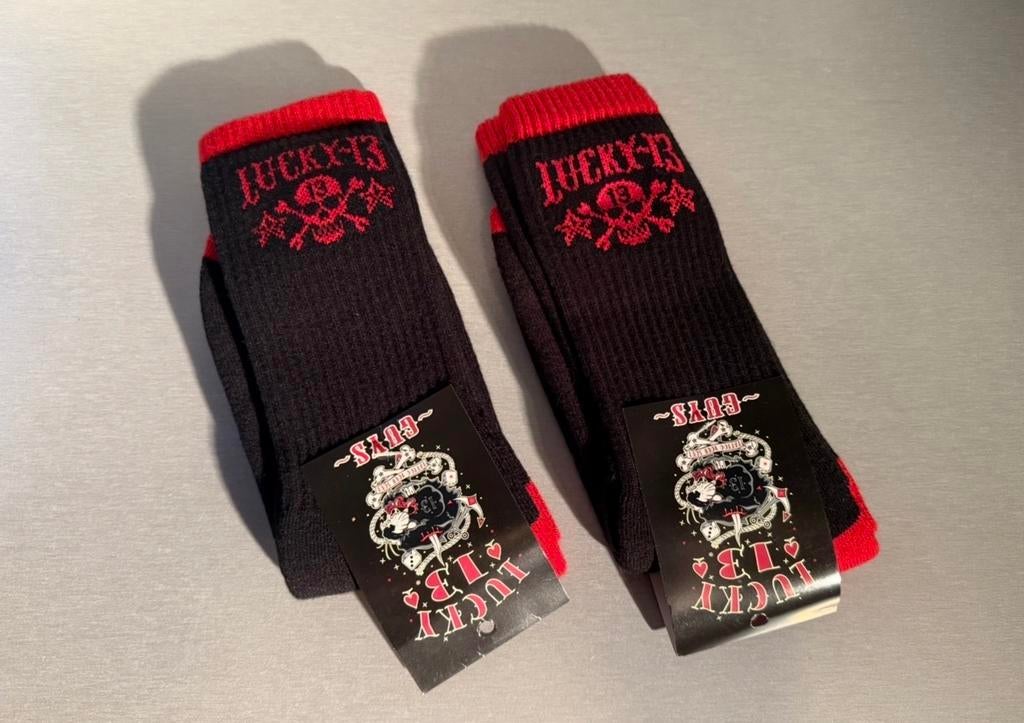 Exclusieve Lucky-13 hotrod/ratrod/lowrider sokken zwart/rood, Ophalen of Verzenden, Nieuw, Overige maten, Zwart