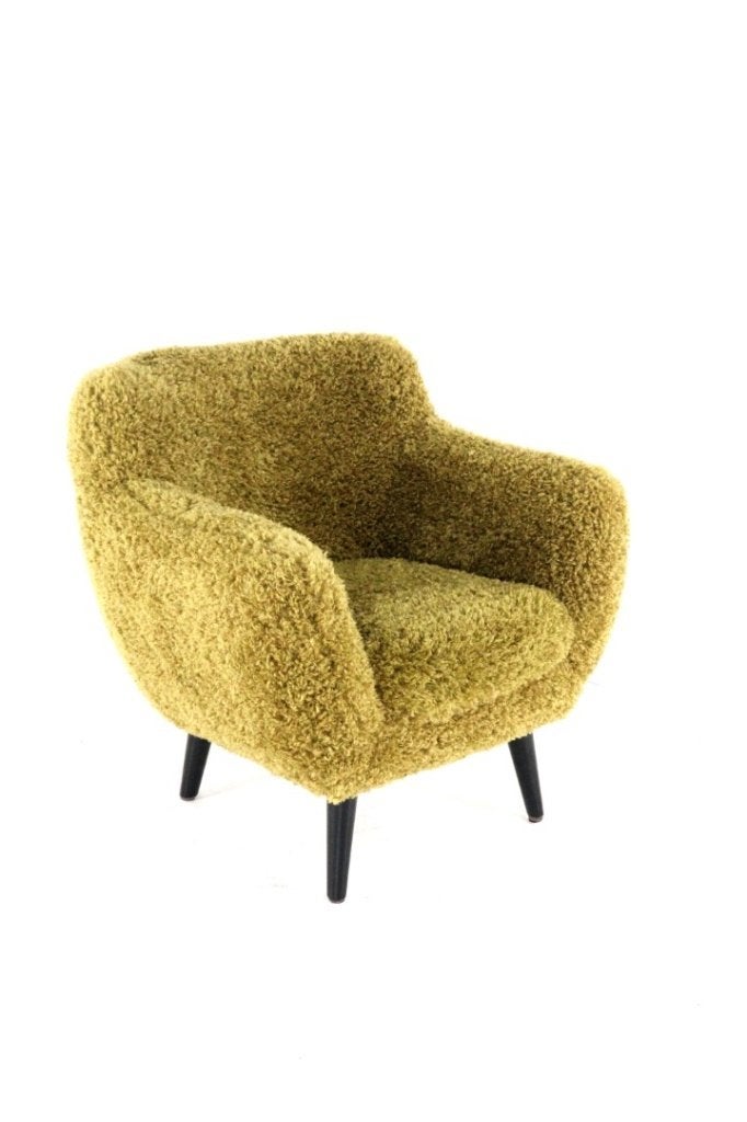 Retro vintage Fauteuil opnieuw bekleed in doodle harige stof, Overige materialen, -, Vintage retro mid century modern, -