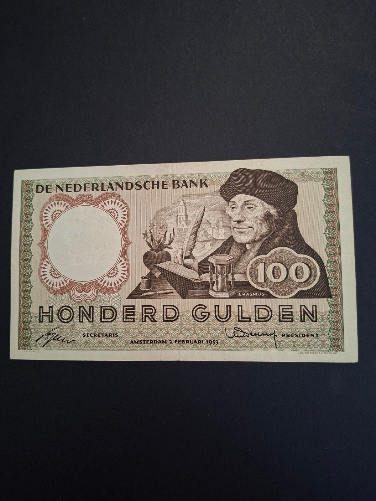 100 gulden Erasmus MISDRUK uit 1953 in ZF+, Ophalen of Verzenden, 100 gulden, Los biljet