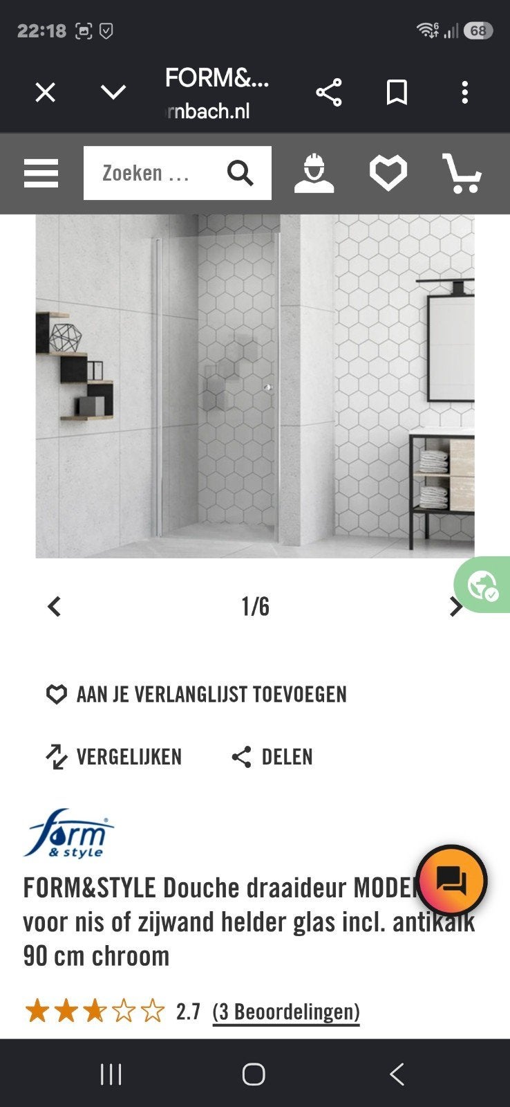 FORM&STYLE Douche draaideur 90 cm helder glas antikalk, Ophalen, Gebruikt
