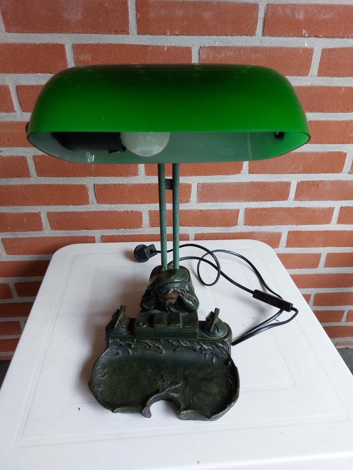 Vintage Bankierslamp / Bureaulamp - Groen met bronzen voet, Huis en Inrichting, Lampen | Tafellampen, Gebruikt, Bankierslamp, Vintage
