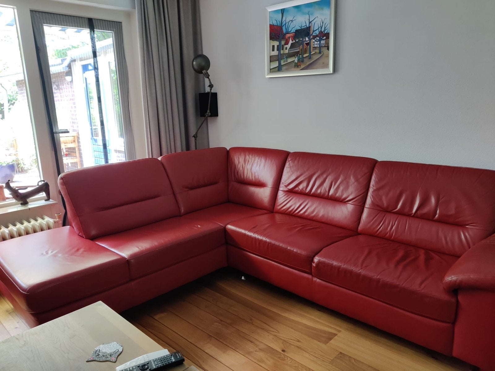 Rode leren hoekbank - 275x225 cm, Ophalen, 250 tot 300 cm, Gebruikt, Minder dan 75 cm