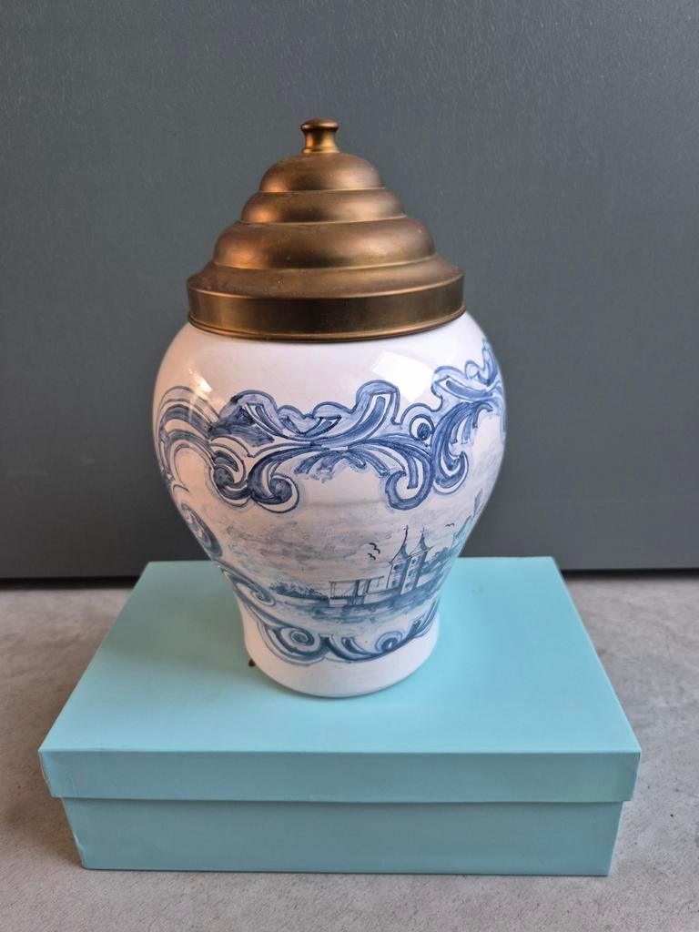Delfts blauw tabakspot met messing deksel, Antiek en Kunst, Ophalen