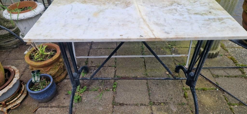 Mooie tuintafel + rechthoekig marmeren blad (brocante), Ophalen, Gebruikt, Rechthoekig, Overige materialen