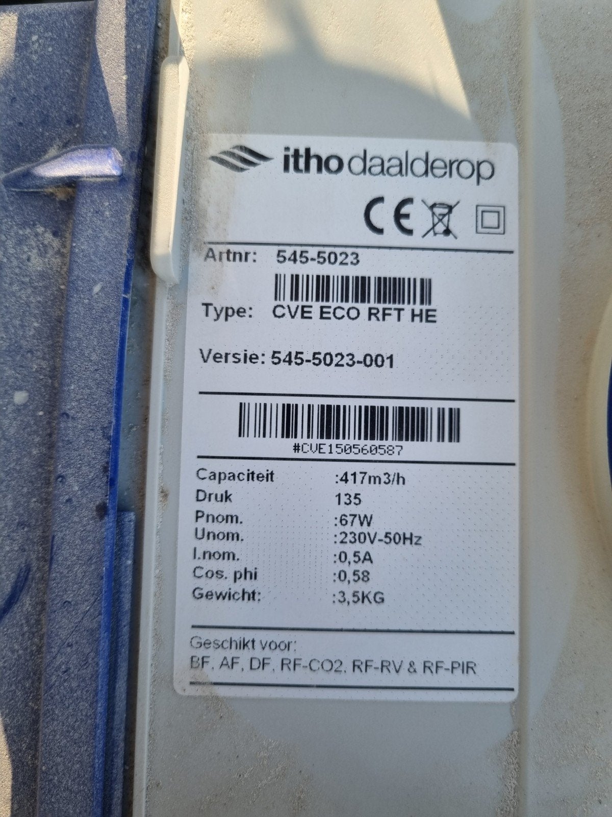 Itho Daalderop CVE ECO RFT HE Ventilator/Afzuiger, Doe-het-zelf en Verbouw, Ventilatie en Afzuiging, Ophalen, Gebruikt, Ventilator en Afzuiger