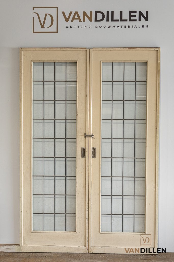 Oude ensuite / schuifdeuren glas in lood + sluiting, 120 cm of meer, Binnendeur, Ophalen of Verzenden, 200 tot 215 cm