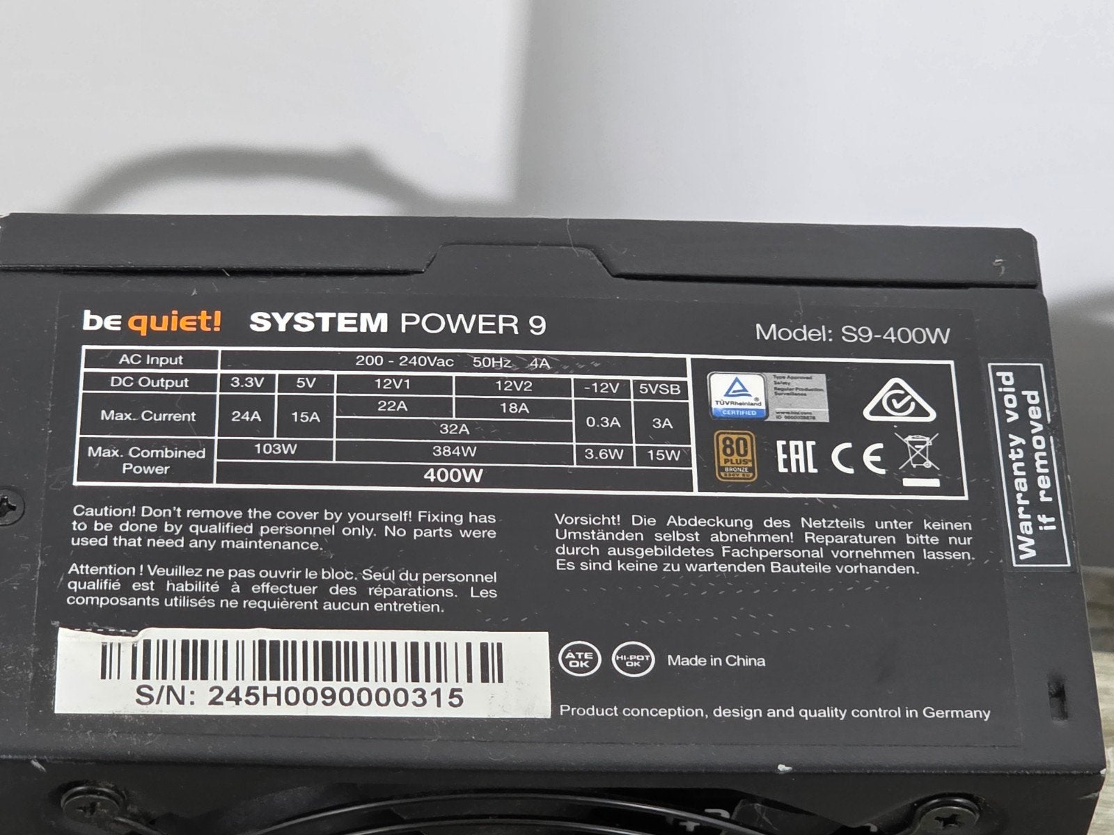 Be quiet 400w max voeding psu power supply s9-400w, Gebruikt, ., Ophalen of Verzenden, .