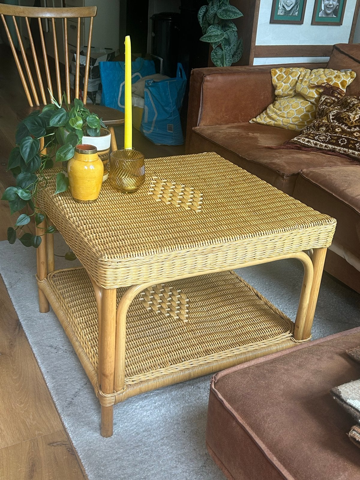 Vintage rotan salontafel met extra opbergruimte, Ophalen, Overige materialen, Gebruikt, 50 tot 100 cm