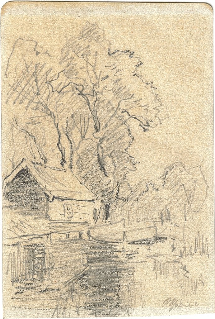 Constant Gabriel "Boerderij aan sloot", zonder jaartal, Ophalen, Tekening, Potloodtekening, Origineel
