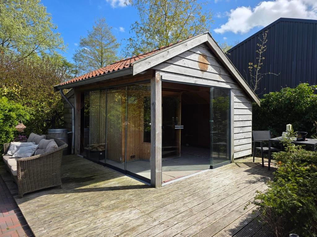 Tuinhuis met glazen schuifpui, Ophalen of Verzenden, Gebruikt, 250 tot 500 cm