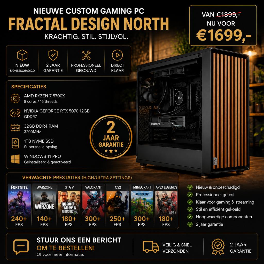 Fractal Design North Game Pc RTX 5070 32GB 1TB, 32 GB, Nieuw, Ophalen of Verzenden, AMD Ryzen 7