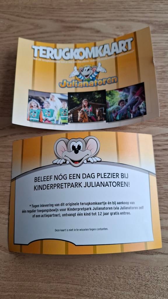 Terugkomkaart Julianatoren 2 stuks, Tickets en Kaartjes, Recreatie | Pretparken en Attractieparken, Drie personen of meer, Ticket of Toegangskaart