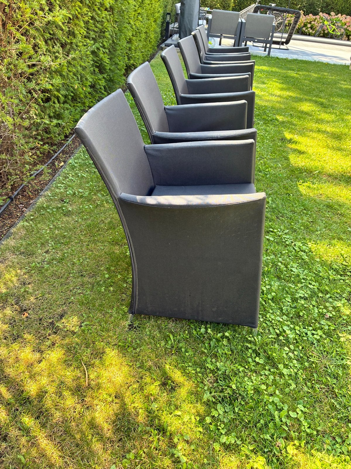 6x Zwarte tuinstoelen met armleuningen, Tuin en Terras, Tuinstoelen, Ophalen, Gebruikt, Textileen