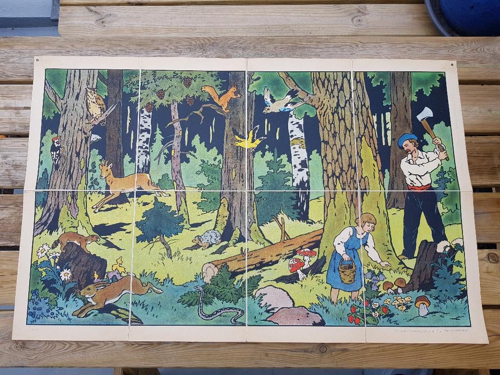 In het bos oude schoolplaat uit Frankrijk litho op canvas., Ophalen of Verzenden