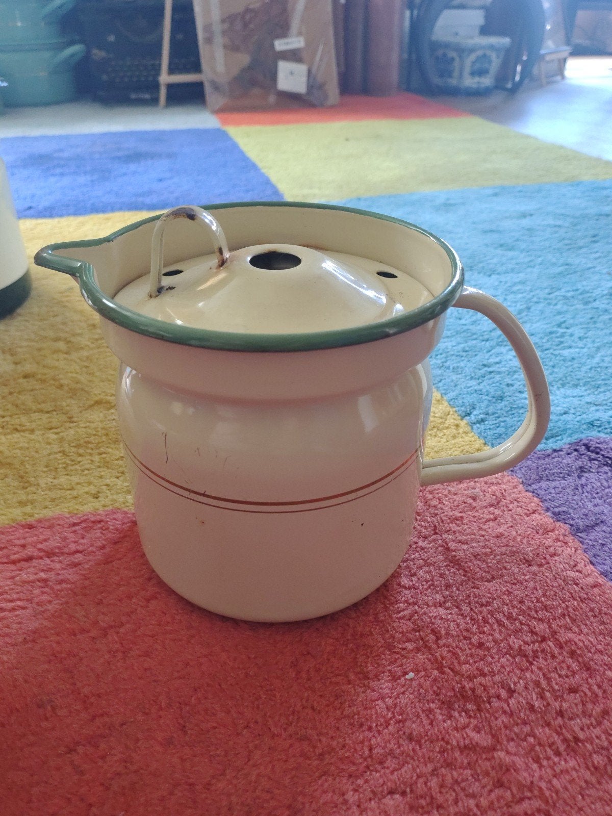 Vintage Emaille melkkan met Filter - Crème/Groen, Ophalen of Verzenden