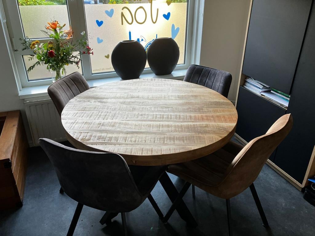 Ronde mango eettafel met 4 stoelen, Huis en Inrichting, Gebruikt, Rond, Modern industrieel, Vier personen