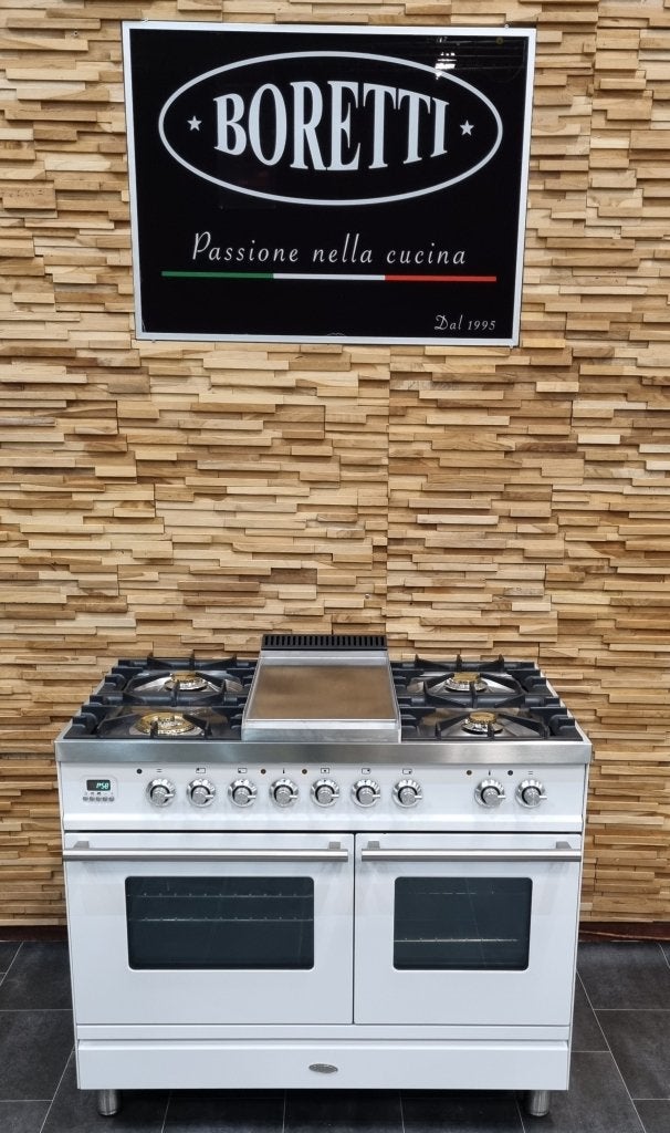 🔥Luxe Fornuis Boretti 100cm wit + rvs 5 pits frytop 2ovens, Witgoed en Apparatuur, Fornuizen, Niet ingevuld, 60 cm of meer, Niet ingevuld