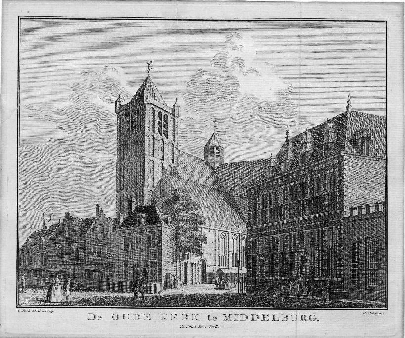 gravure oude kerk Middelburg, Hofplein, I.C. Philips 1743, Antiek en Kunst, Verzenden, Stadsgezicht, Gravure, Origineel
