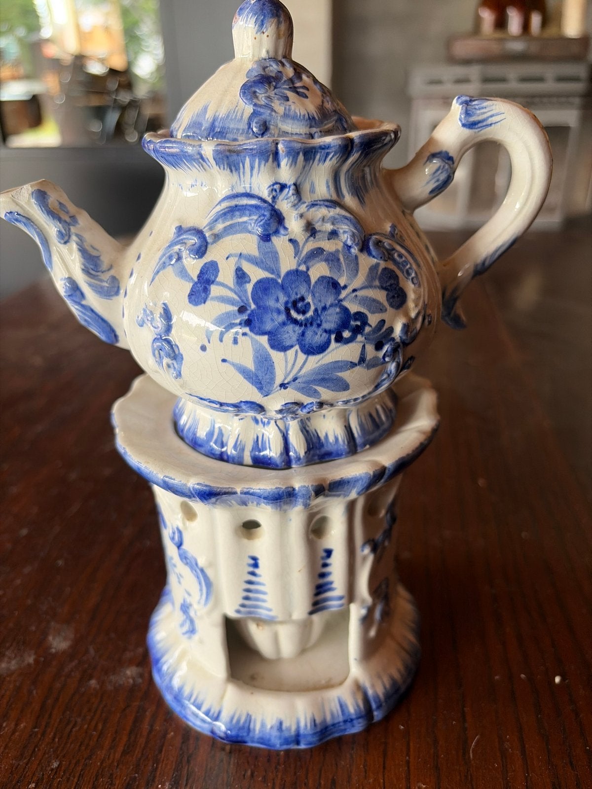 Delfts Blauw theepotje met rechaud, handgeschilderd, Antiek en Kunst, Ophalen of Verzenden
