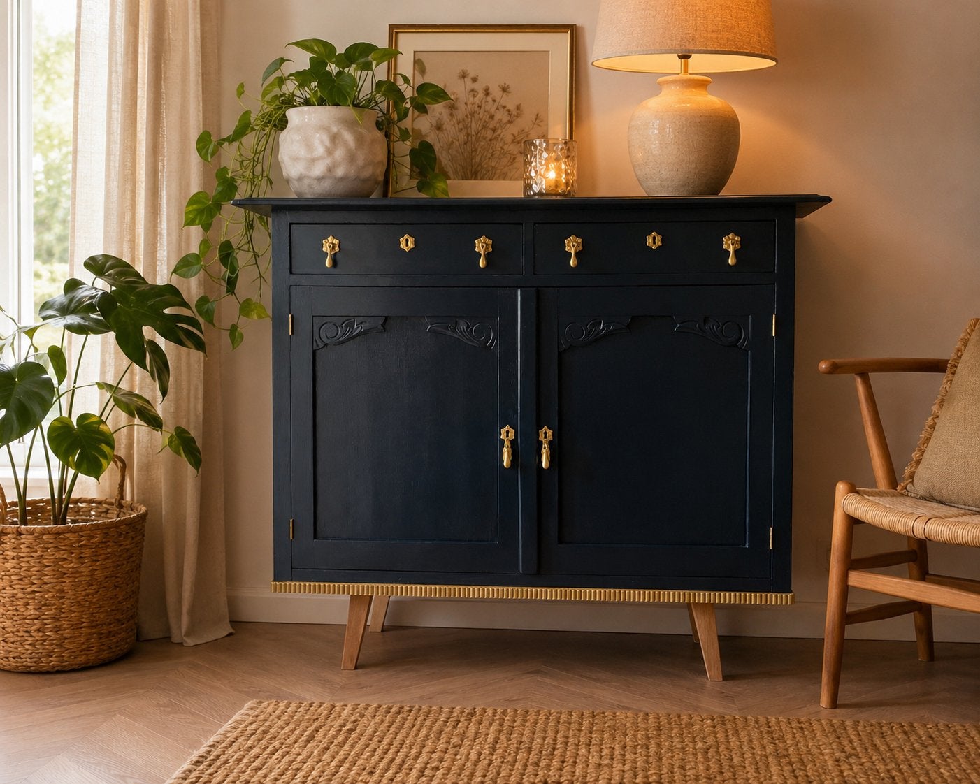 Brocante kast, gerestaureerd in blauw met gouden accenten!, Ophalen, Zo goed als nieuw, Brocante, gemoderniseerd, Overige houtsoorten