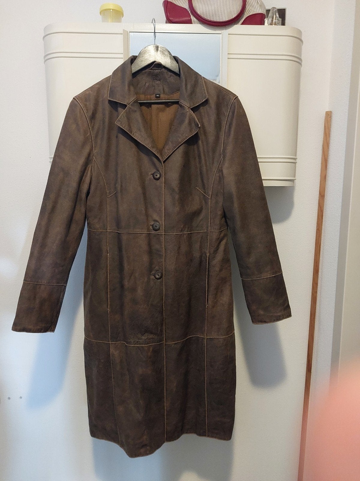 Lange soepele leren jas met stoffen voering, Ophalen of Verzenden, Gedragen, Maat 38/40 (M), Bruin