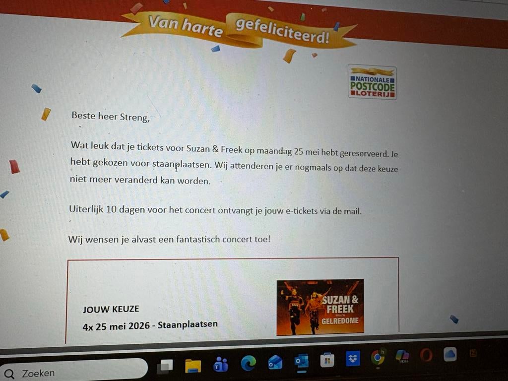 Suzan & Freek concert 4 kaartjes Gelredome 25 mei!, Tickets en Kaartjes, Concerten | Pop, Drie personen of meer, Mei