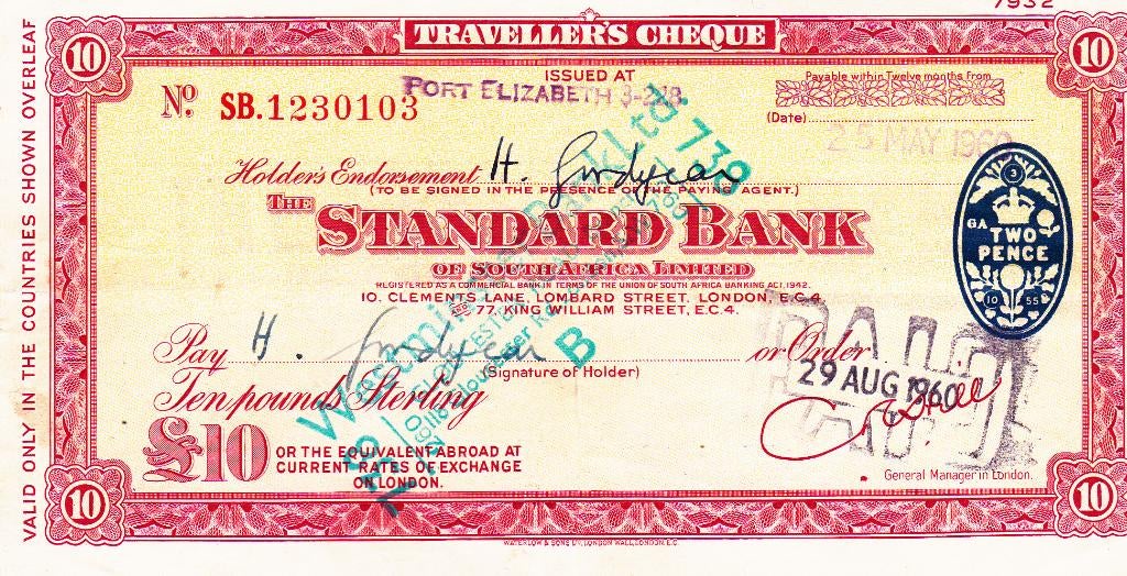 STANDARD  BANK  TRAVELER`S  CHEQUE, Ophalen of Verzenden, Euro's