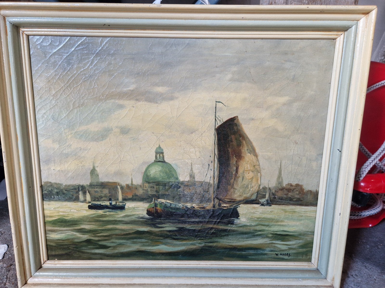 Schilderij 35x45 cm Amsterdam Stadsgezicht, Antiek en Kunst, Kunst | Schilderijen | Klassiek, Ingelijst, Doek, Realistisch, Ophalen of Verzenden