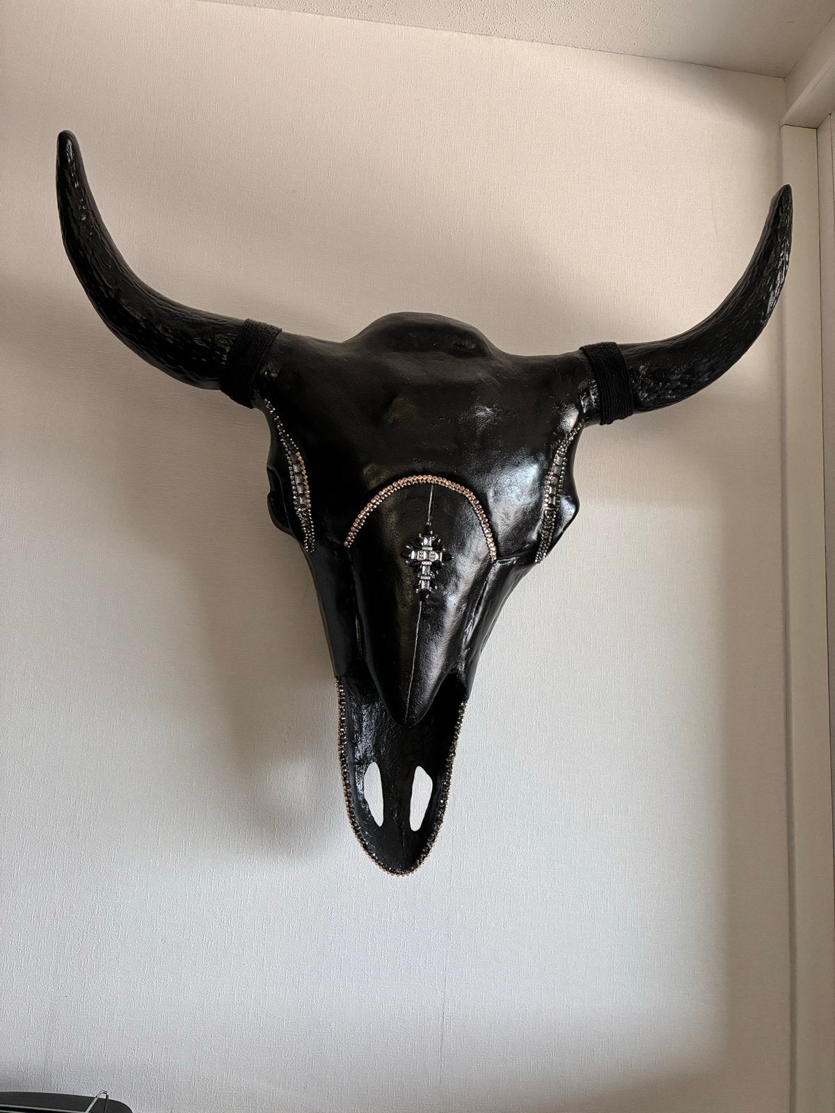 Unieke Bull Skull Wanddecoratie - Zwart IJzer met Kristallen, Ophalen, Gebruikt, Zwart, Metaal