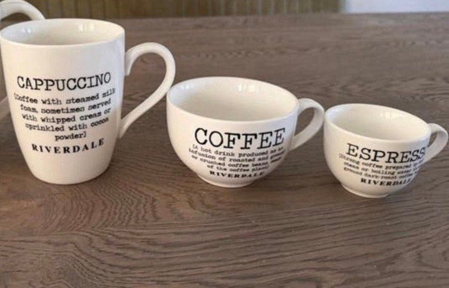 Riverdale Koffie, Cappuccino en Espresso Mokken Set, Overige merken, Keramiek, Ophalen of Verzenden, Zo goed als nieuw