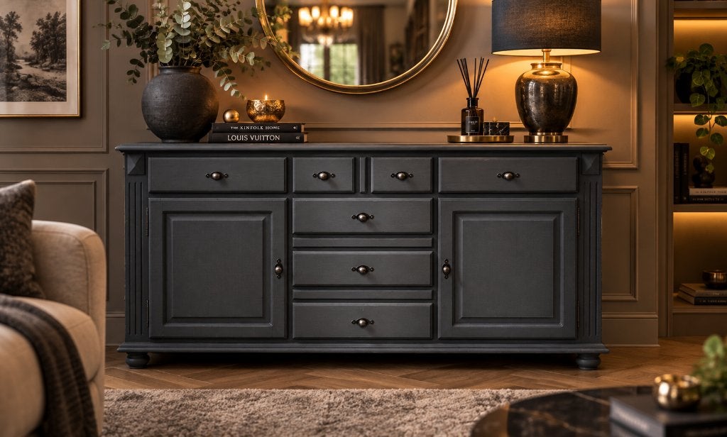 Prachtige sfeervolle authentieke dressoir Dark Leaf, Ophalen, Eikenhout, 150 tot 200 cm, Met lade(s)