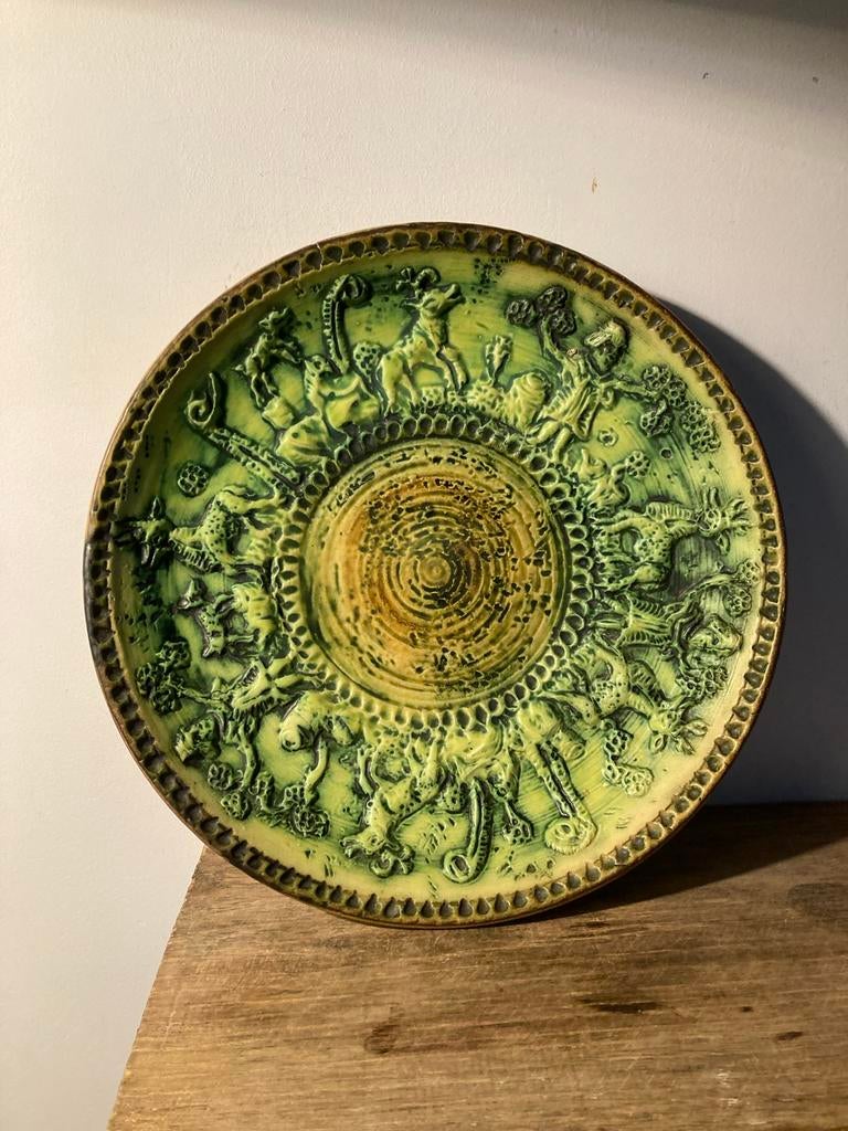Antieke Portugese schaal wandbord, groen, 31 cm, Ophalen of Verzenden