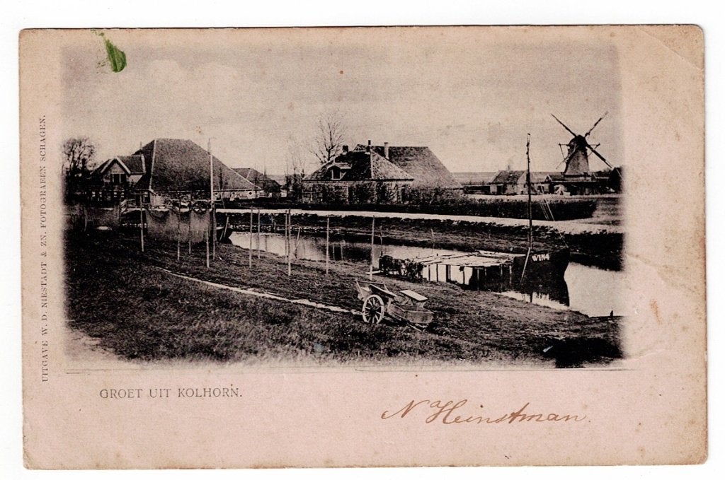 Kolhorn 1902. Groet uit (molen, bootje, handkar)., Ophalen of Verzenden, Voor 1920, Gelopen, Noord-Holland