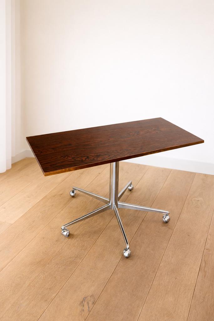 Vintage bijzettafel op wielen hout chroom, Ophalen, Gebruikt, Rechthoekig
