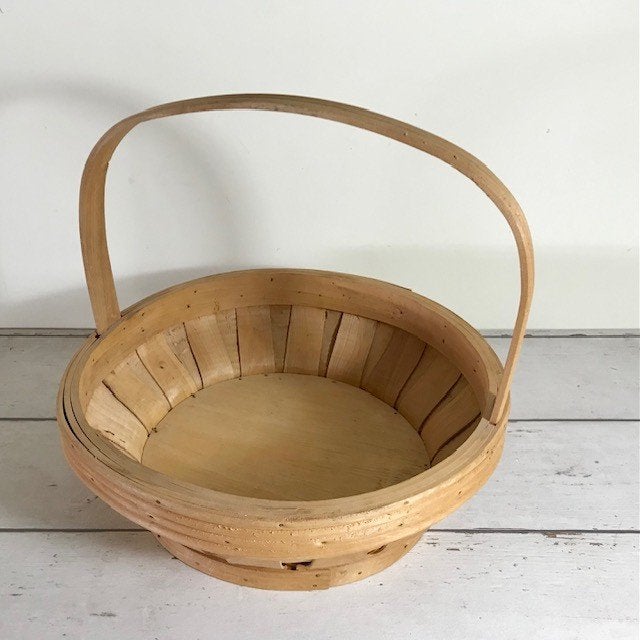 Vintage Franse spaan houten ronde mand met hengsel, Mand, Rond, Ophalen of Verzenden, Zo goed als nieuw