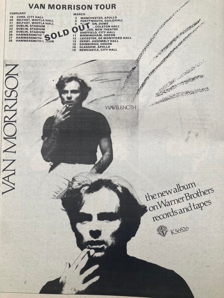 Paginagrote A3 advertentie VAN MORRISON Wavelength tour, Verzamelen, Ophalen of Verzenden, Zo goed als nieuw, A1 t/m A3