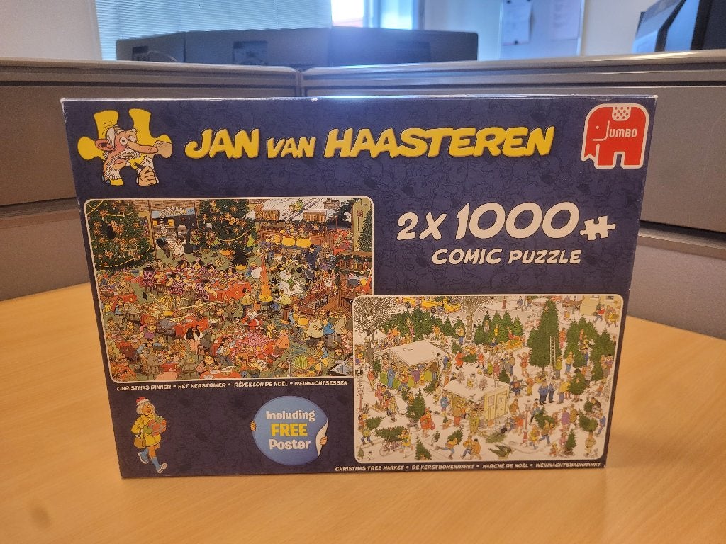 Jan van Haasteren 2x 1000 Stukjes Kerstdiner Kerstbomenmarkt, Ophalen of Verzenden, Meer dan 1500 stukjes, Zo goed als nieuw, Legpuzzel