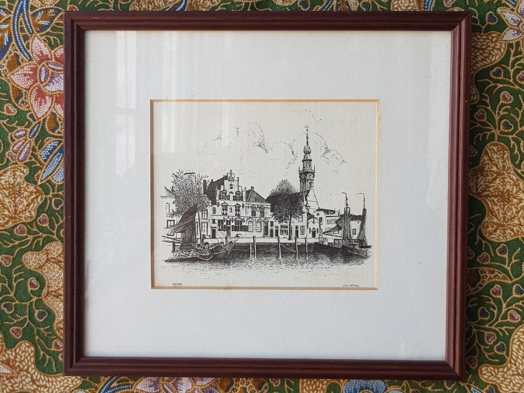 Mooie vintage ingelijste litho van Veere door Frans bliek.