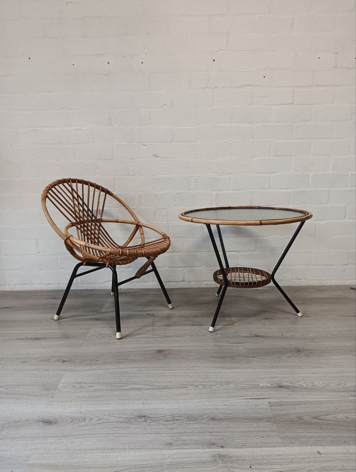 Vintage Bamboe Rotan Stoel en Bijzettafel Set, Ophalen